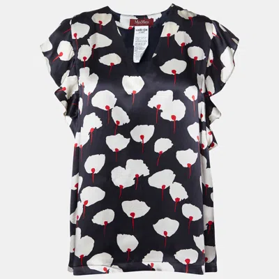 Max Mara Black Floral Print Silk Satin Blouse
