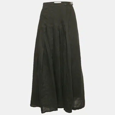 Pre-owned Max Mara Black Linen Pleated Maxi Wrap Skirt L