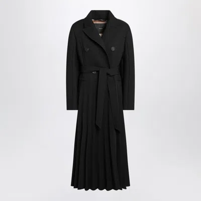 Max Mara Black Pleated Redingote Coat In Technical Fabric