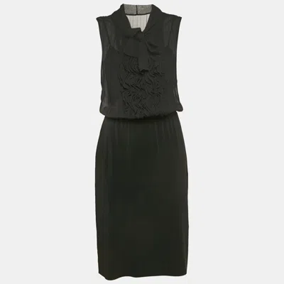 Pre-owned Max Mara Black Silk And Jersey Ruffled Detail Midi Dress M