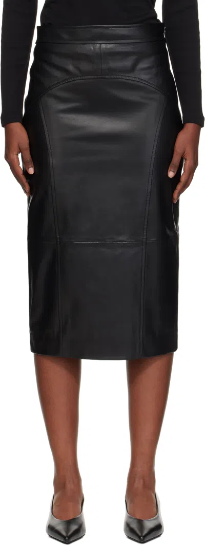Max Mara Black Taiga Leather Midi Skirt