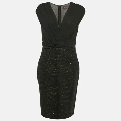 Pre-owned Max Mara Black Tweed And Silk Draped V-neck Short Dress M