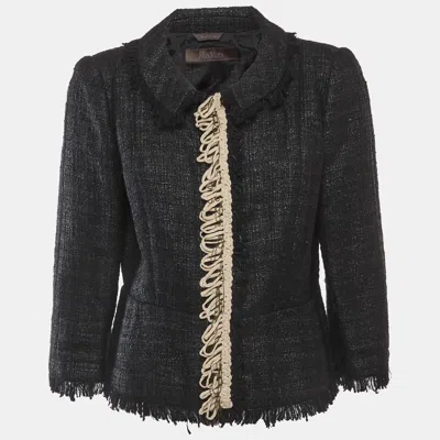 Pre-owned Max Mara Black Tweed Contrast Trim Fringed Edge Jacket L