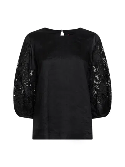 Max Mara Black Washed Ramie Gauze And Broderie Anglaise Mstordine T-shirt