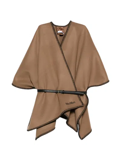 Max Mara Blanket-stitch Belted Poncho In Brown