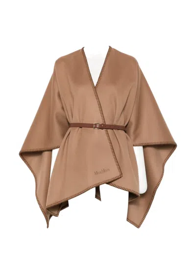 Max Mara Blanket-stitch Logo-embroidered Cape In Brown