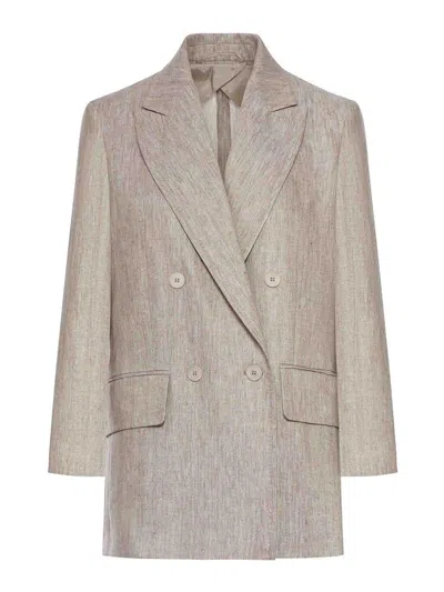 Max Mara Double-breasted Herringbone Linen Blazer In Nude