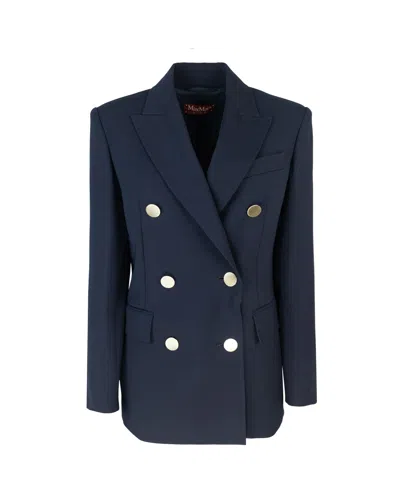 MAX MARA EDICOLA BLAZER IN NAVY BLUE WOOL CRÊPE SATIN