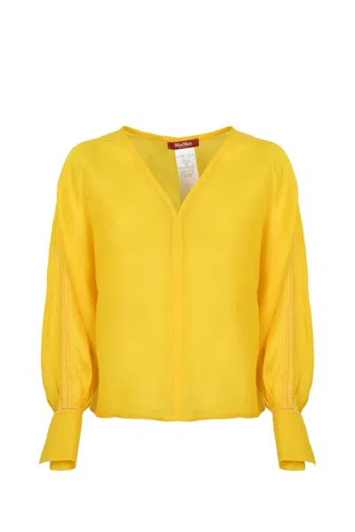 Max Mara Leccio Lace-trim Ramie Gauze Shirt In Yellow