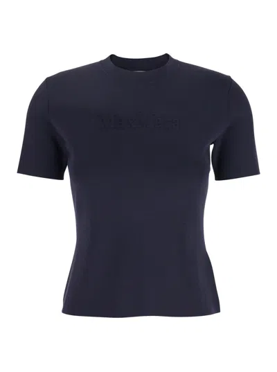 Max Mara Blue Crewneck T-shirt With Tonal Logo Lettering On The Front In Viscose Blend Woman In Black