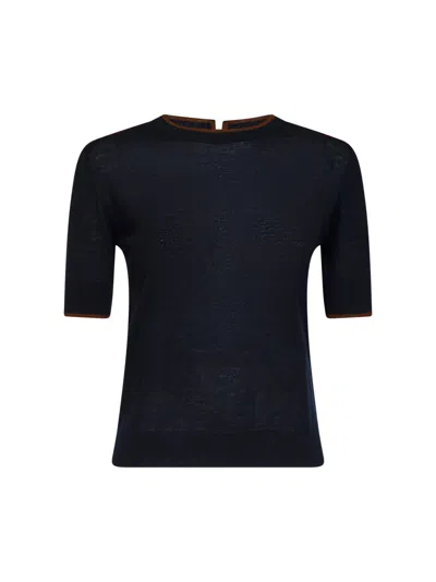 Max Mara Blue Knit Mstagenda Top With Contrasting Trim In Black