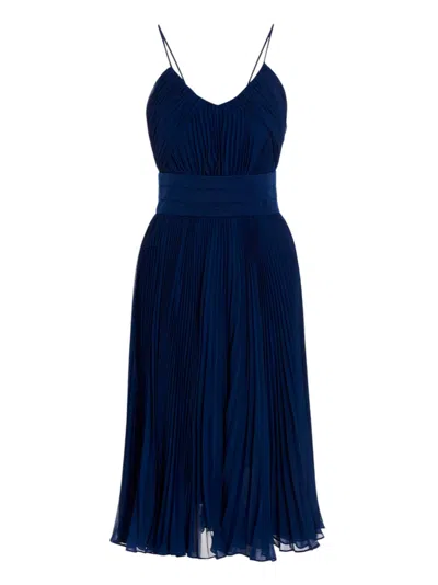 Max Mara Blue Pleated V Neck Midi Dress