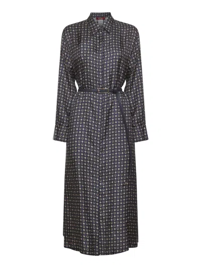 Max Mara Blue Printed Twill Mister Shirt Dress In Black