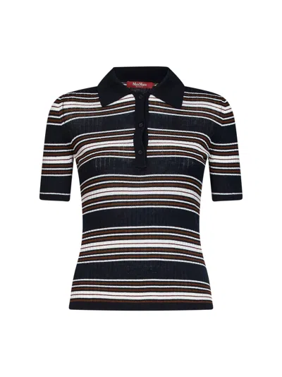 Max Mara Blue Ribbed Knit Msttallero Striped Fitted Polo Shirt In Multi