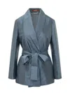 Max Mara Studio Silk Blazer With Belt In Blue