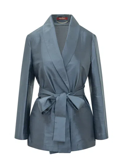 Max Mara Studio Silk Blazer With Belt In Blue