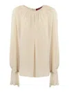Max Mara Yelina Semisheer Bell Sleeve Bow Back Silk Georgette Top In Silver