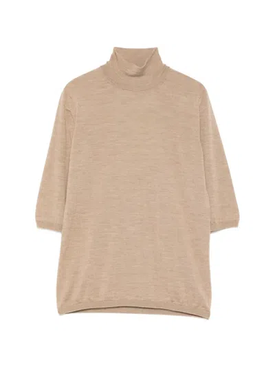 Max Mara Boa Turtleneck Quarter-sleeve Sweater In Brown