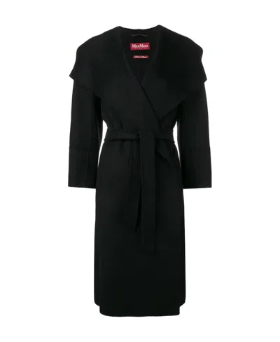 Max Mara Bosso Overcoat With Wide Collar And Waist In Black