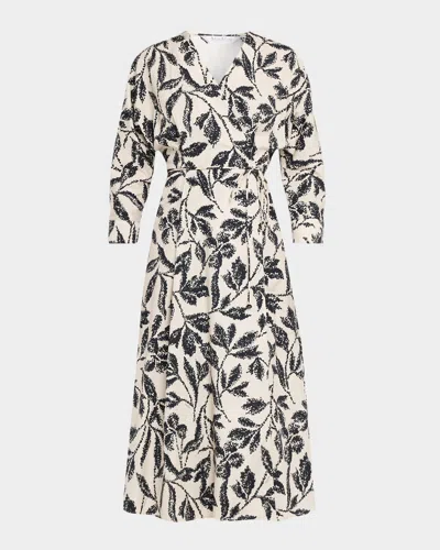 Max Mara Botanical-print Cotton Poplin Midi Wrap Dress In Black