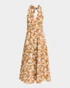Max Mara Halterneck Printed Cotton Midi Dress In Brown