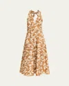 Max Mara Halterneck Printed Cotton Midi Dress In Brown