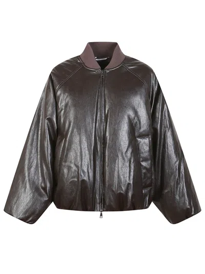 Max Mara Boxy-fit Faux Leather Bomber Jacket With Down Padding In Brown