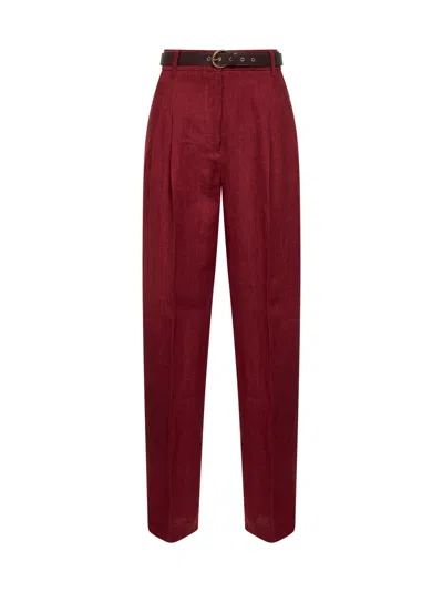 Max Mara Brick Red Faded Linen Twill Mstsumero Belted Wide-leg Trousers In Burgundy