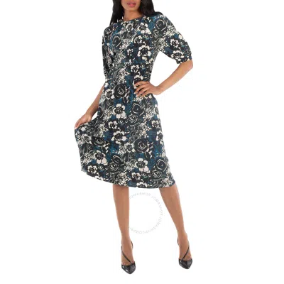 Max Mara Bronzo Floral Printed Silk Midi Dress In Blue
