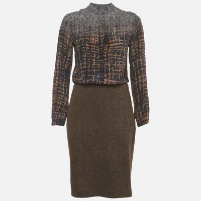 Pre-owned Max Mara Brown Abstract Print Silk Chiffon And Tweed Wool Blend Dress S