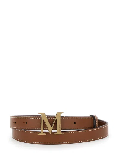Max Mara Brown Belt With Logo Plaque Buckle Closure And Contrasting Stitching In Leather Woman