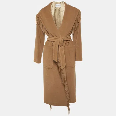 Pre-owned Max Mara Brown Camel Wool Fringed Wrap Coat S