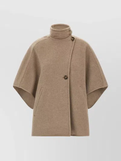 Max Mara Buckle Detail High Collar Side Pockets Cape In Brown