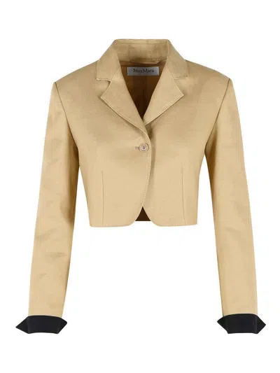 Max Mara Buono Diagonal Cropped Jacket In Camel Linen In Blue