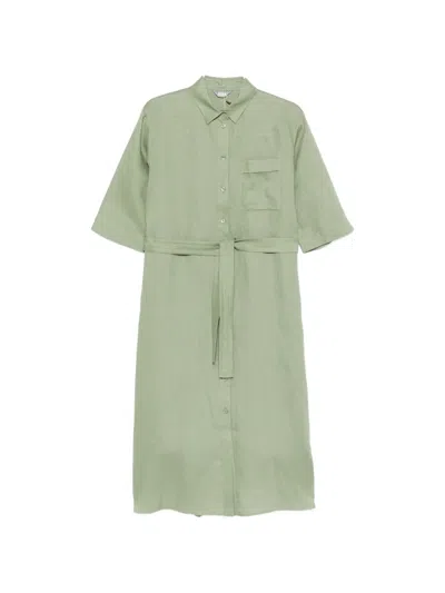 Max Mara Button Belt Linen Midi Dress In Green