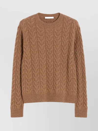 Max Mara Cable Knit Crew Neck Long Sleeve Sweater In Brown