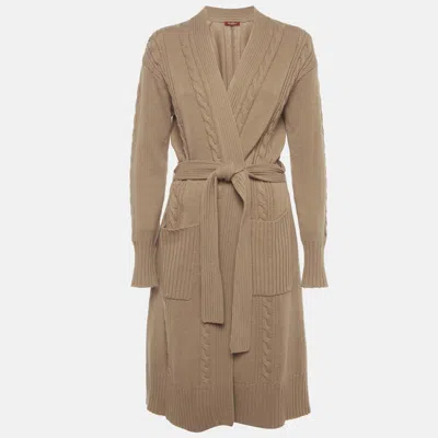 Pre-owned Max Mara Cable Knit Wool Belted Cardigan M In Brown