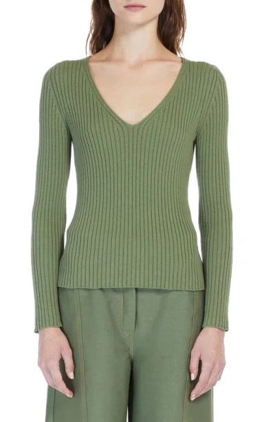 Max Mara Calcio Ribbed V-neck Jumper In Sage Green