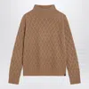 Max Mara Camel Cable Knit Turtleneck Jumper In Brown