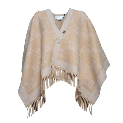 Max Mara Camel Jacquard Virgin Wool Frine Poncho