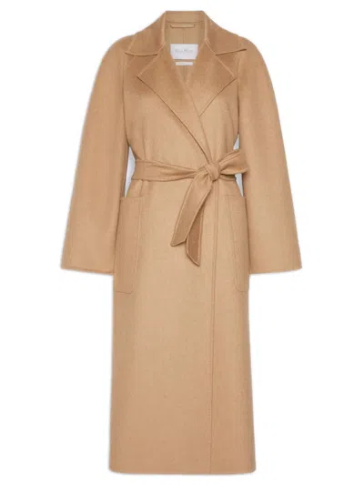 Max Mara Camel Patch Pocket Raglan Belted Coat With Lapel Collar In Brown