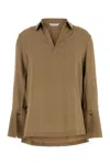 Max Mara Layered Hem V-neckline Pleated Back Blouse In Brown