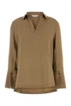 Max Mara Layered Hem V-neckline Pleated Back Blouse In Brown