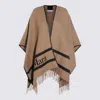 Max Mara Fringed Leather-trimmed Wool-jacquard Cape In Brown