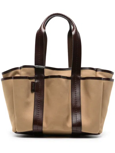 Max Mara Canvas Small Cabas Tote In Leather Brown