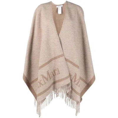Max Mara Sandy Color Jacquard Wool Poncho In Neutral