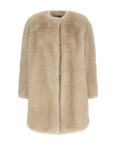 MAX MARA BEIGE FAUX FUR EFFECT FABRIC COAT