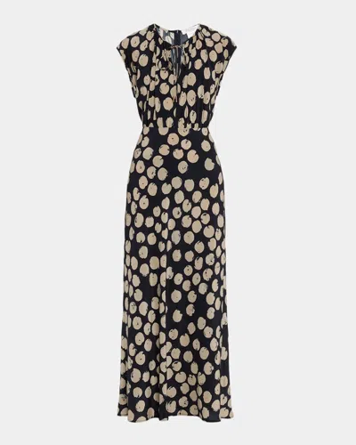 Max Mara Cap-sleeve Dot-print Silk Belted Maxi Dress In Black