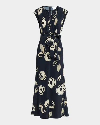 Max Mara Cap-sleeve Floral-print Silk Belted Maxi Dress In Blue