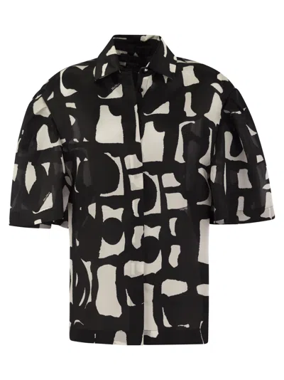 Max Mara Carella Abstract-print Puff-sleeve Collared Shirt In White/black